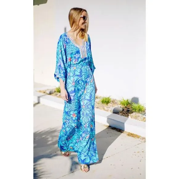 NWT Rare Lilly Pulitzer Wilda Maxi Caftan Iris Blue Mai Tai Size XS Missing Belt - Picture 1 of 11